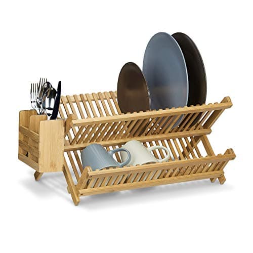 Égouttoir à vaisselle et couverts Relaxdays avec panier en bois bambou