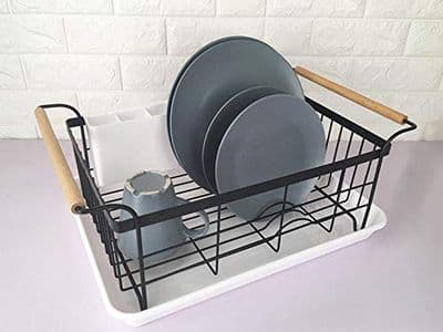 Égouttoir vaisselle bois et métal noir, bac blanc
