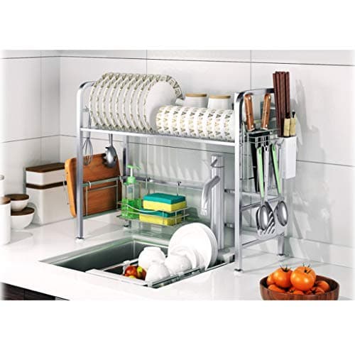 Égouttoir en inox multi-fonction pour ustensiles de cuisine et vaisselle idéalement placé au dessus de l'évier