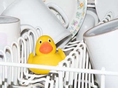 a yellow rubber duck sitting in a dishwasher