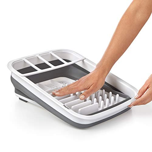 Égouttoir pliable gris avec compartiments pour vaisselle et couverts