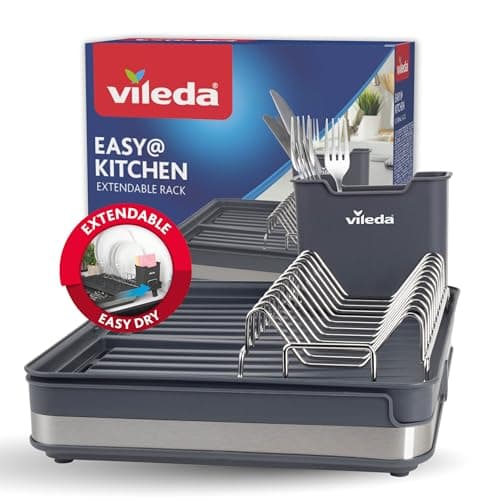 Vileda Égouttoir à vaisselle - Design peu encombrant avec porte-couverts - Égouttoir à vaisselle extensible, inoxydable et durable - Parfait pour les assiettes, verres et autres couverts
