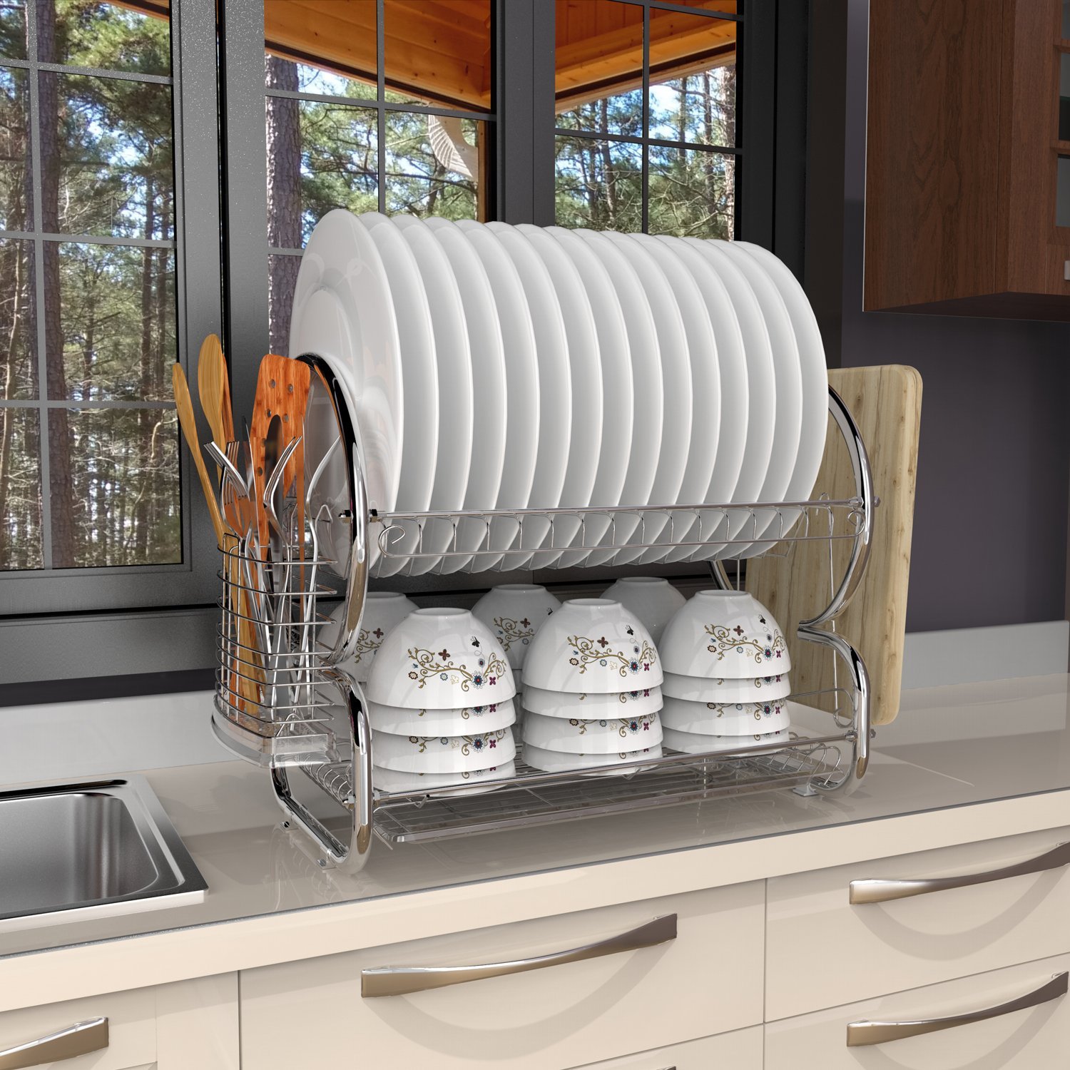 Grand égouttoir à Vaisselle en Acier Inoxydable Double Niveau avec Porte-Tasse et Égouttoir pour Couverts, anti rouille