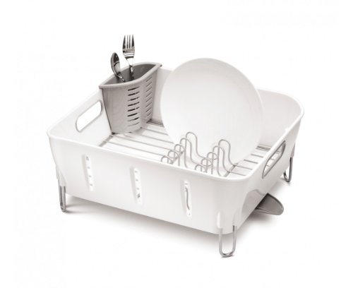 Egouttoir à vaisselle au design compact en plastique blanc et gris, Simplehuman, avec percolateur